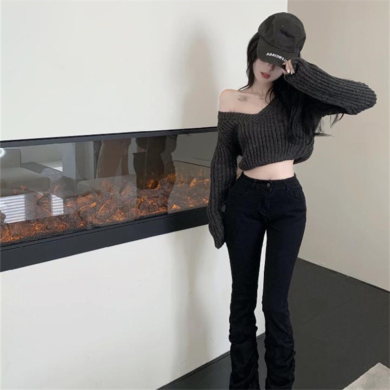 QKOOLE Áo Croptop Dệt Kim Tay Rộng Cổ Chữ V Phong Cách Thời Trang Hàn Quốc
