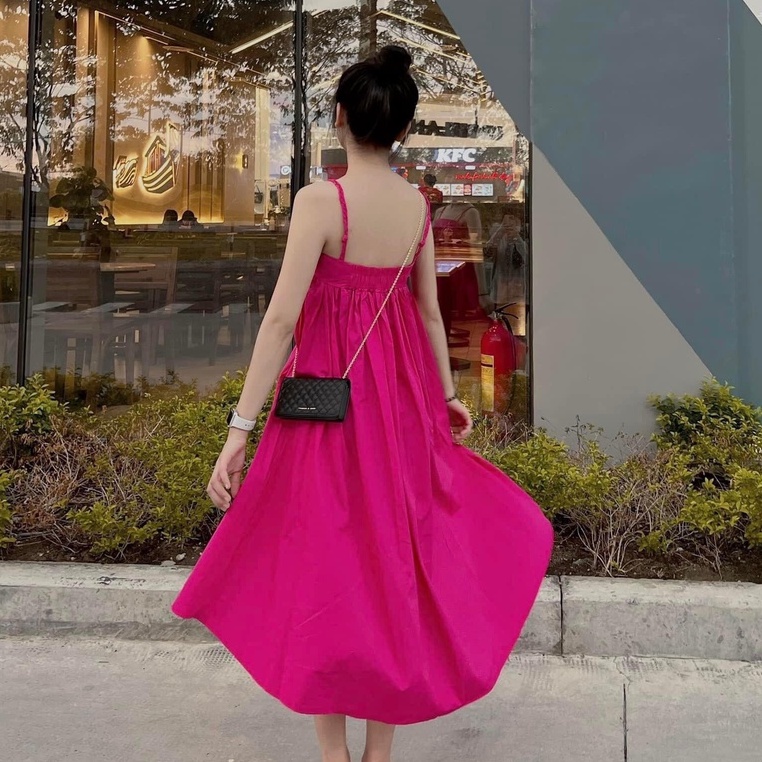 Đầm maxi 2 dây chun ngực đi biển váy đuôi tôm 2 màu xanh hồng, váy maxi dáng dài - Tira V1607