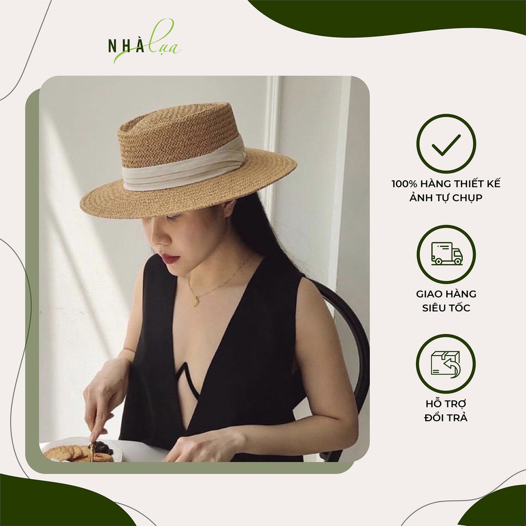 Mũ cói đi biển rộng vành thiết kế cao cấp - Nón cói form cứng phối đai đen trắng - Nhà Lụa Store