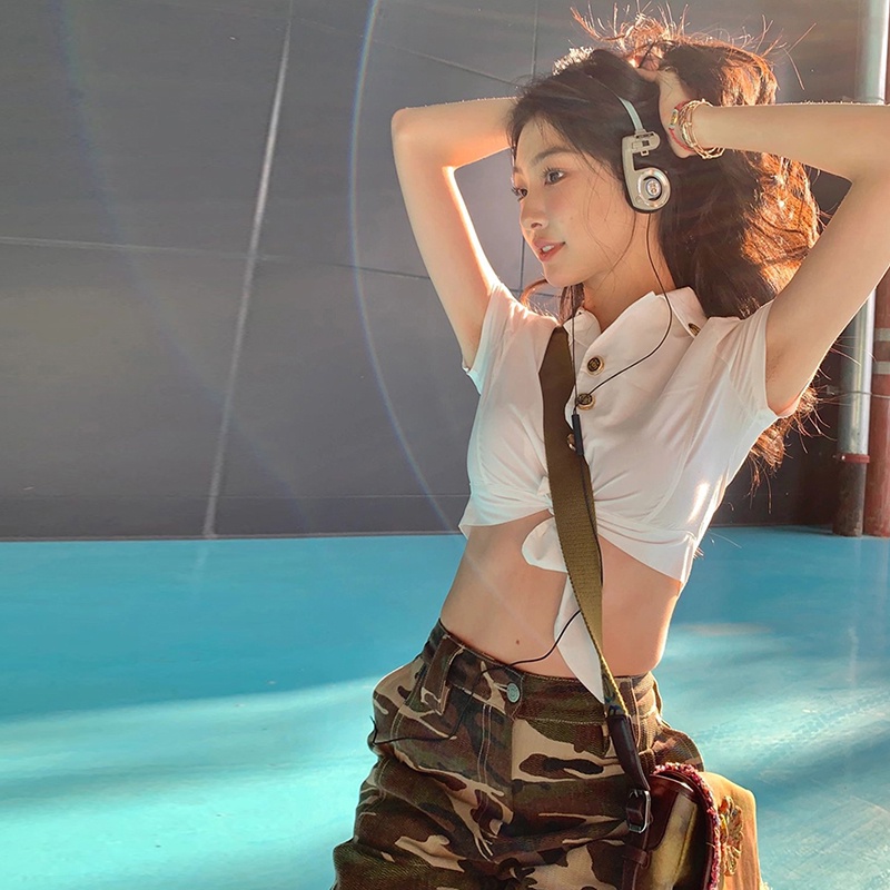 Kliou 2022 Mới vào mùa hè Áo thun croptop KLIOU tay ngắn dáng ôm cài nút kim loại thời trang mùa hè cá tính dành cho nữ