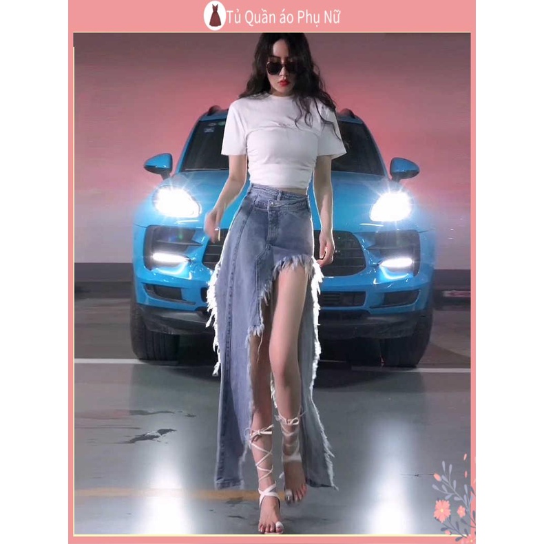 Ch n V y Chân Váy denim Chữ A Dáng Dài Xẻ Tà Cao Vừa Phải Phong Cách Đường Phố Âu Mỹ Sờn