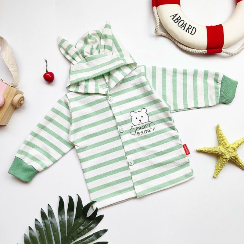 Áo Khoác Sơ Sinh Có Mũ Tai Thỏ Sọc Trắng, Vải Cotton