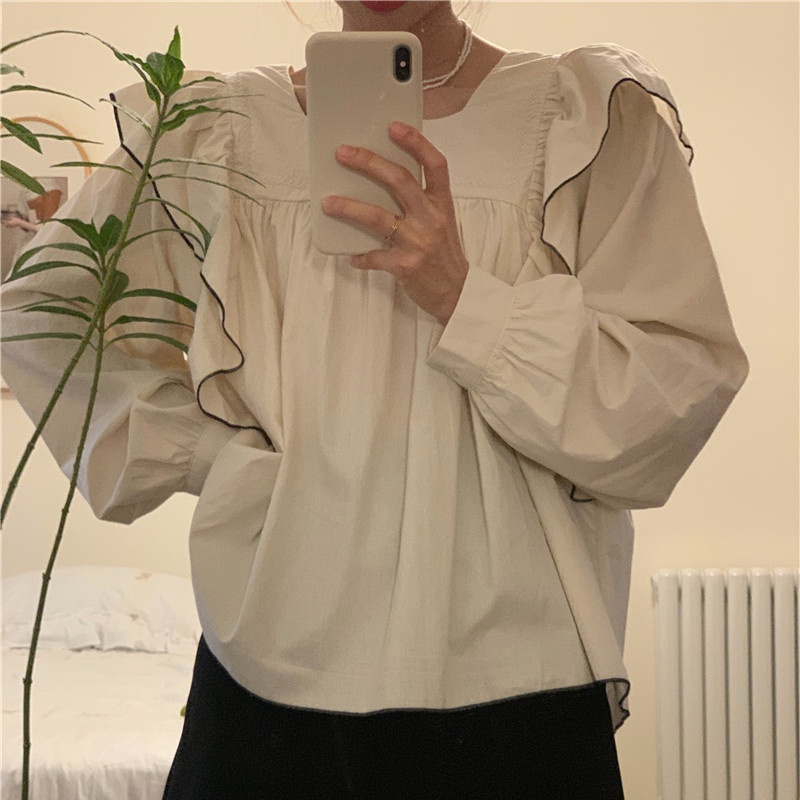 SUXI Áo Sơ Mi Tay Dài Cổ Vuông Màu Sắc Ngọt Ngào Phong Cách Hàn Quốc