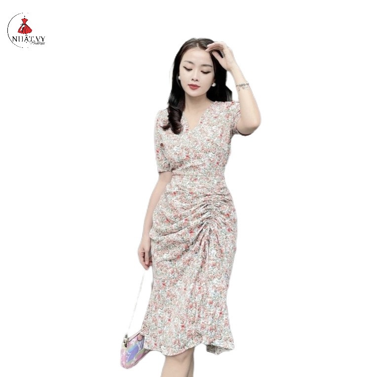 Đầm Hoa Đi Chơi NHẬT VY Cổ V Dây Rút Nhún Eo Chất Mango Màu Xanh, Hồng- D2288