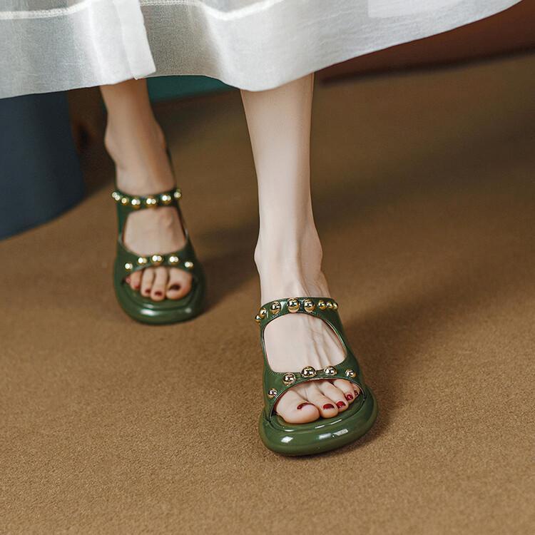 🎀 Dép Sandal Đế Dày Bằng Da Thật Quai Ngang Hở Ngón Đính Đinh Tán Thời Trang Mùa Hè Cho Nữ