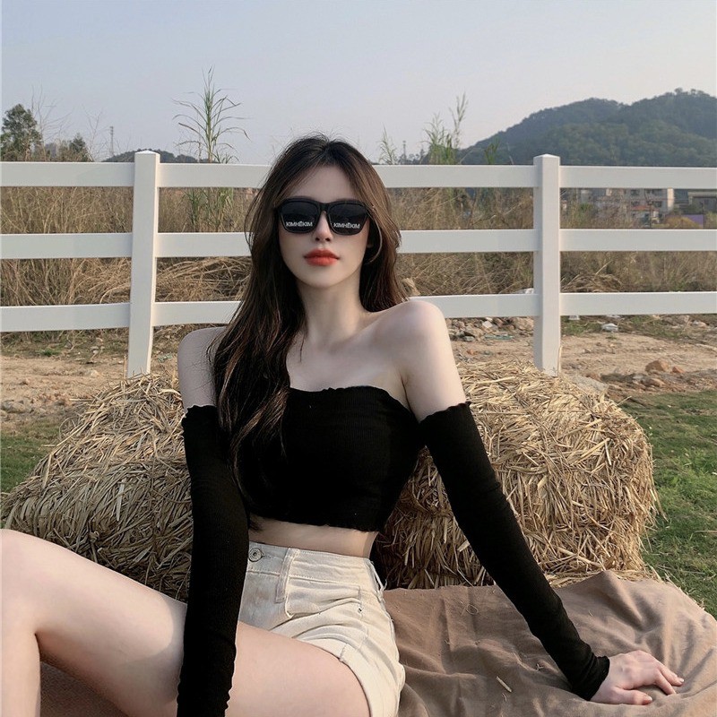 Áo len trễ vai nữ tính dáng ôm sát hot girl short crop top