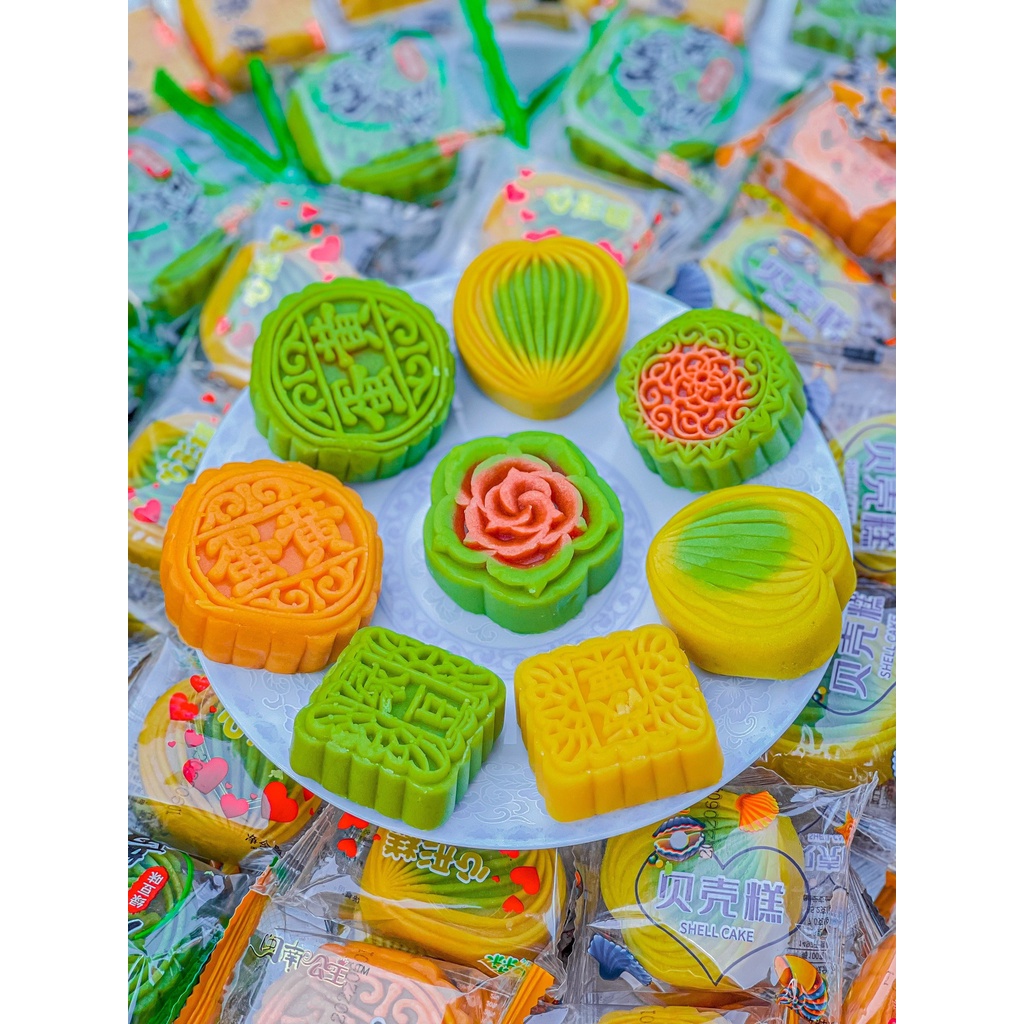 [ Siêu Kute - Tròn vuông ] Combo 1000g Bánh nướng trung thu mini đậu xanh / Bánh nướng đậu xanh mix vị siêu ngon