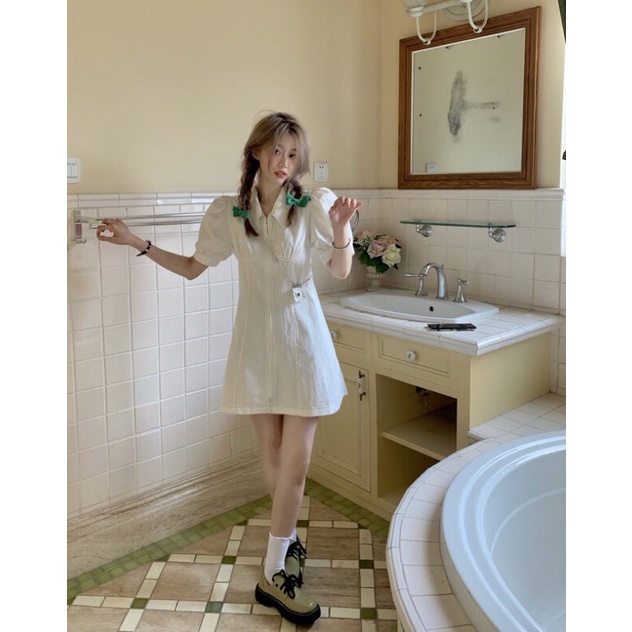 Váy sơmi tay bồng chỉ nổi phong cách trẻ trung hàn quốc