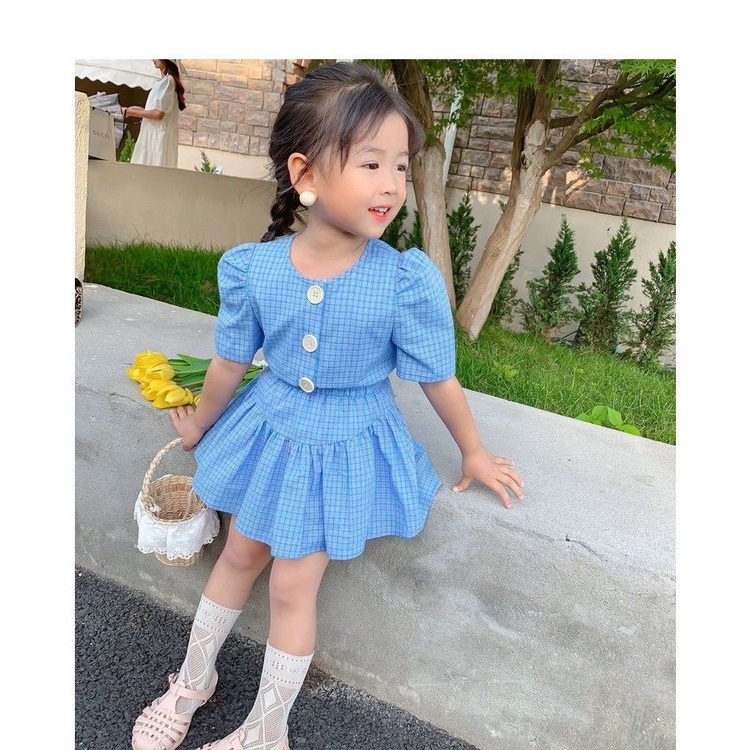 Set Áo Thun Ngắn Tay + Chân Váy Caro Thời Trang Cho Bé Gái