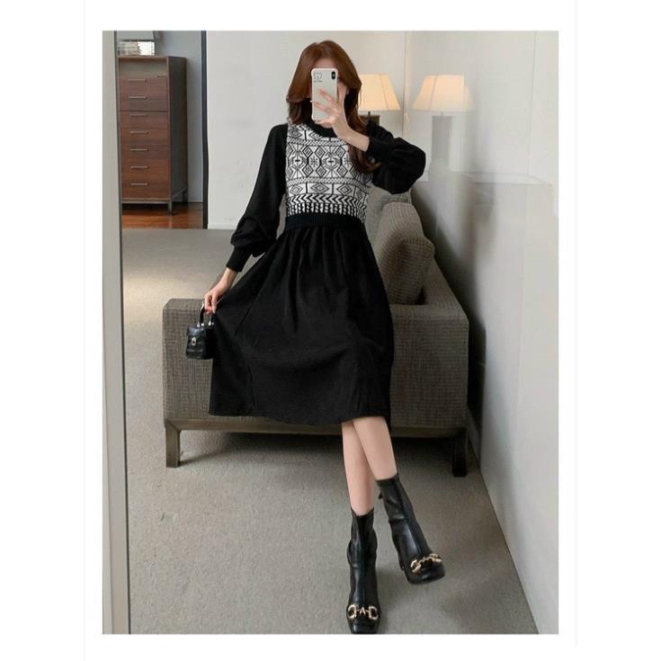 Váy nhung tiểu thư, váy len phối nhung họa tiết cực đẹp mặc là xinh chất len bao ấm hàng thu đông cao cấp | BigBuy360 - bigbuy360.vn