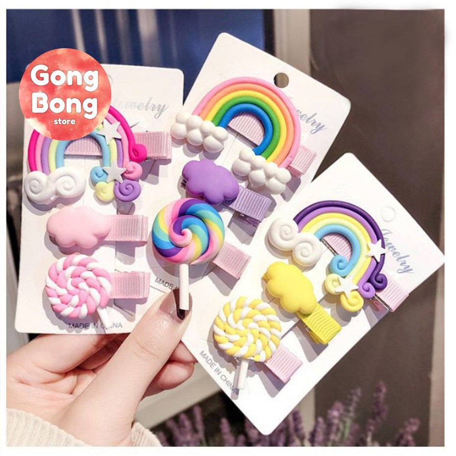 Set 3 kẹp tóc, cặp tóc hình cầu vồng, kẹo mút xinh xắn cho bé