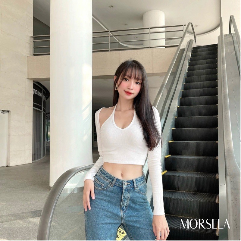 Áo croptop nữ tay dài cổ yếm - Áo crop top kiểu yếm - Morsela - CTTD02