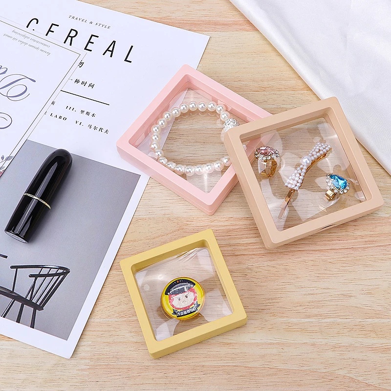 [PE Film Color Brooch Coin Gems Jewelry Storage Box With Base ][Dustproof Suspended Floating Ring Earrings Storage][  Anti-oxidation Portable Ring Pendant Holder][Transparent Display Rack ]