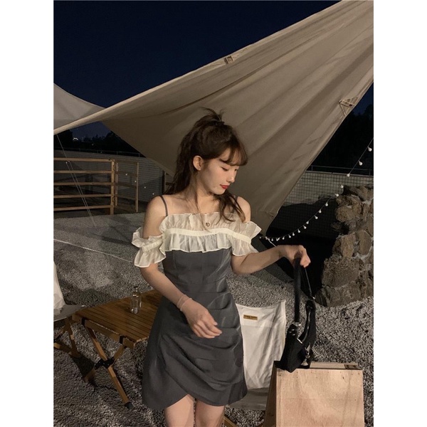 Đầm/Váy trễ vai xám phối ren phong cách hàn quốc | BigBuy360 - bigbuy360.vn