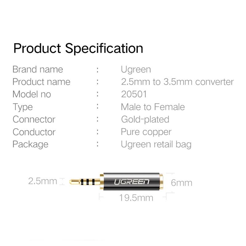 Ugreen Cáp Chuyển Đổi Âm Thanh Từ Giắc Cắm 3.5Mm Sang 2.5Mm Chuyên Dụng Cho Loa Aux