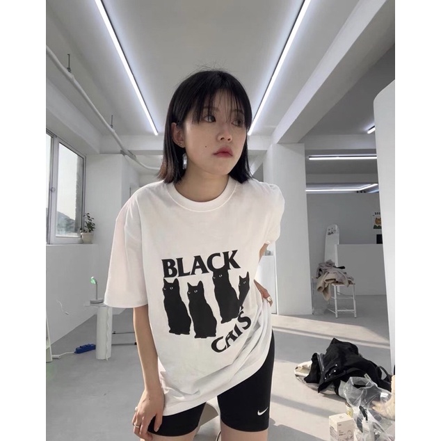 Áo thun Hàn Quốc Black Cats phong cách basic Treminal màu trắng - A036