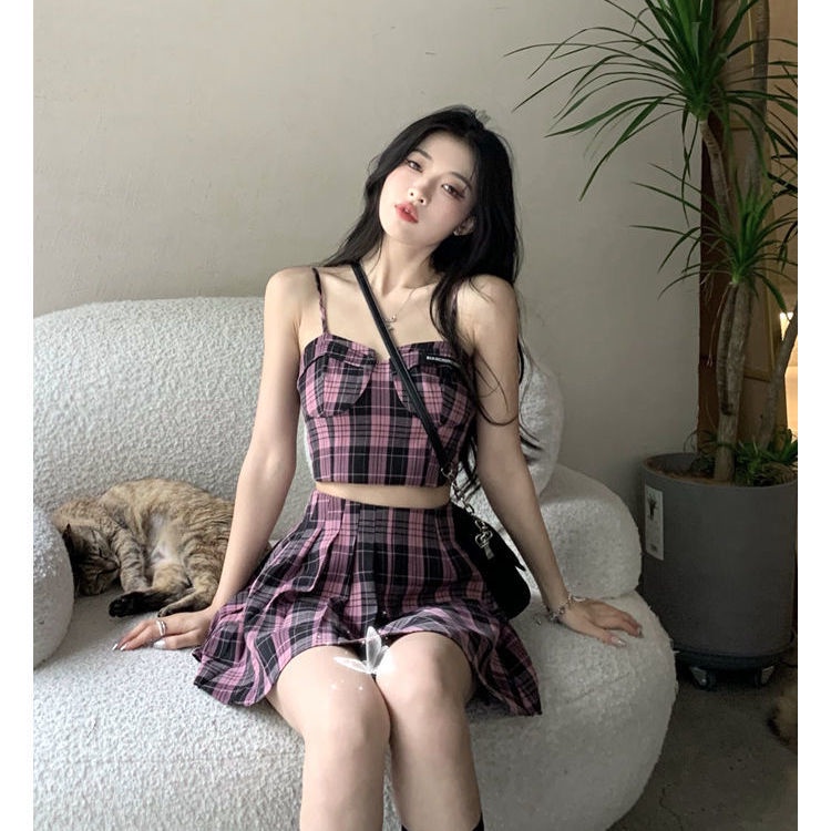 Jiashucheng Set Áo Hai Dây Phối Chân Váy Sọc Ca Rô Thời Trang Trẻ Trung Cho Nữ