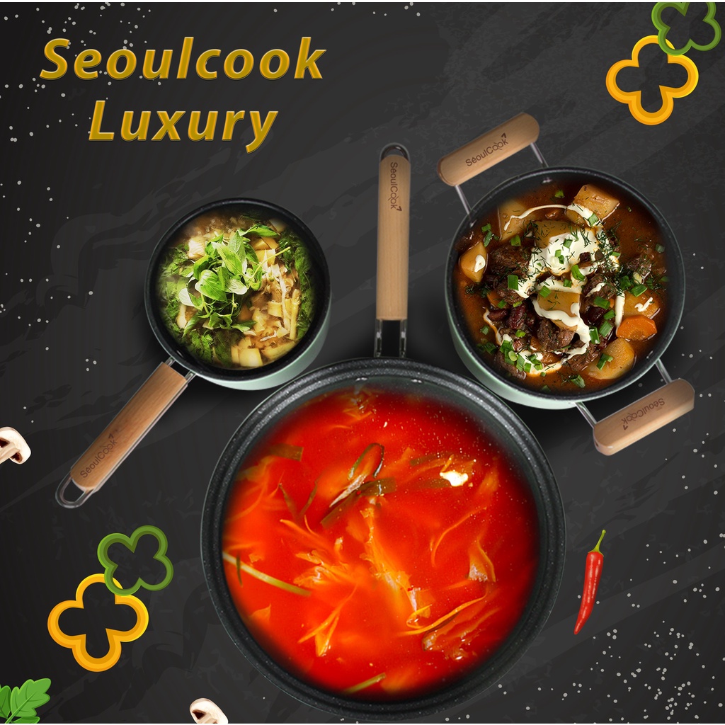 Seoulcook Luxury - Nồi quánh 16cm đáy từ / Induction cao cấp Hàn Quốc, chống dính vân đá, dùng được tất cả các loại bếp