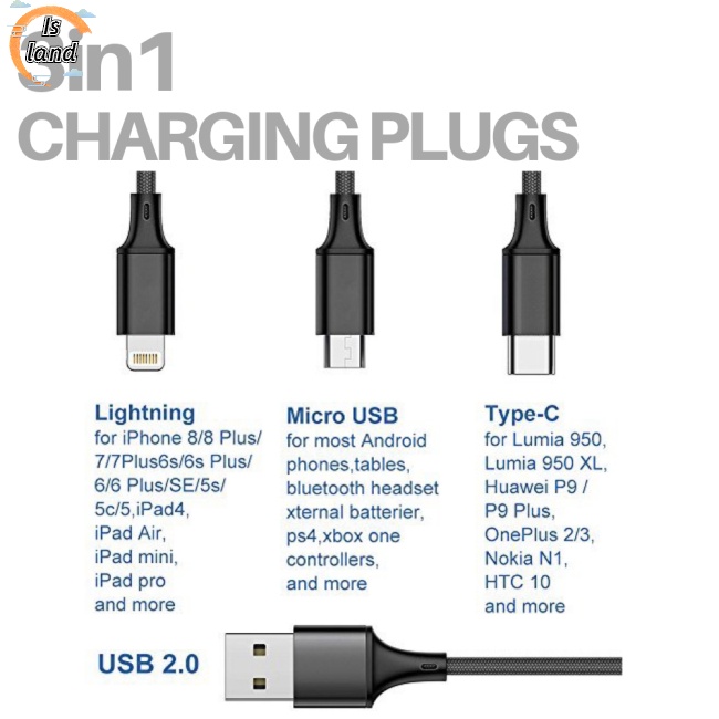 【IS】 Fast USB Charging Cable Universal 3 in 1 Multi Function Cell Phone Cord Charger