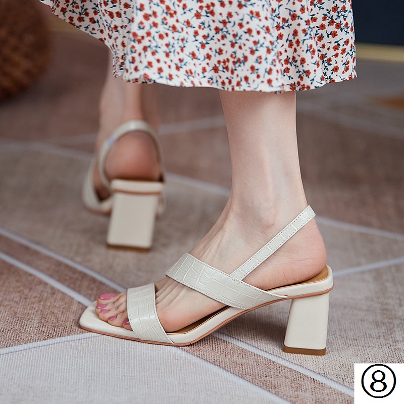 Giày Sandal Cao Gót Mũi Vuông Bằng Da Mềm Thời Trang Mùa Hè 2022 Cho Nữ