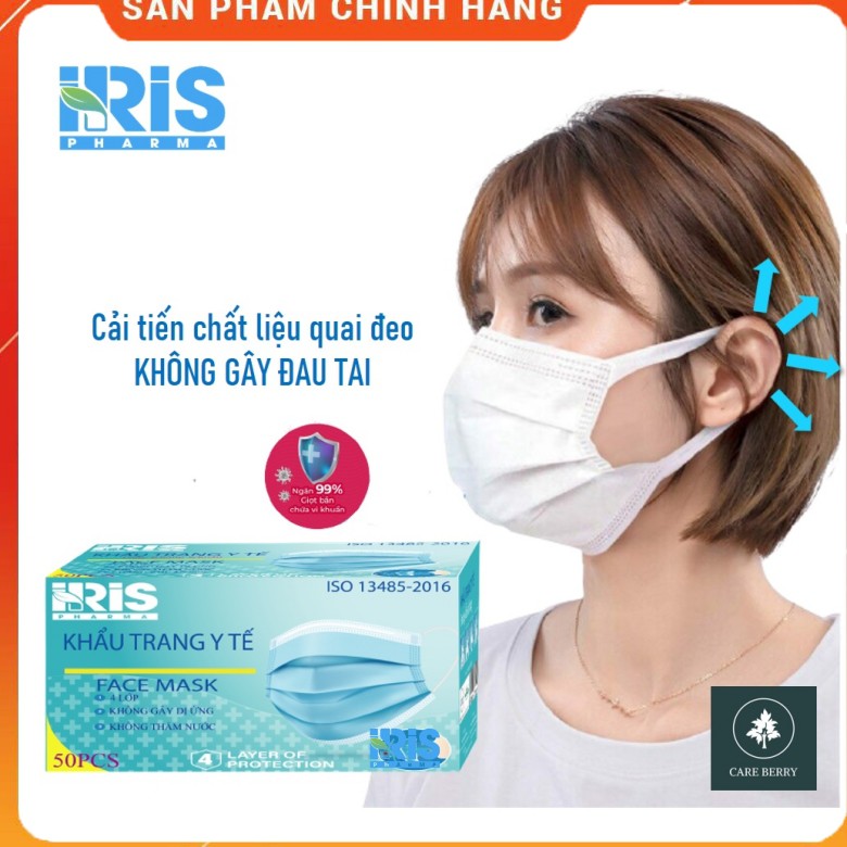 Khẩu trang y tế chống đau tai iris Pharma hộp 50 cái 4 lớp kháng khuẩn