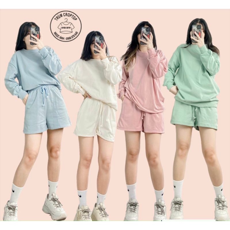 Bộ Nỉ Áo Sweater Kèm Quần Sort - Set Bộ Tay Phồng Form Rộng Phong Cách Hàn Quốc