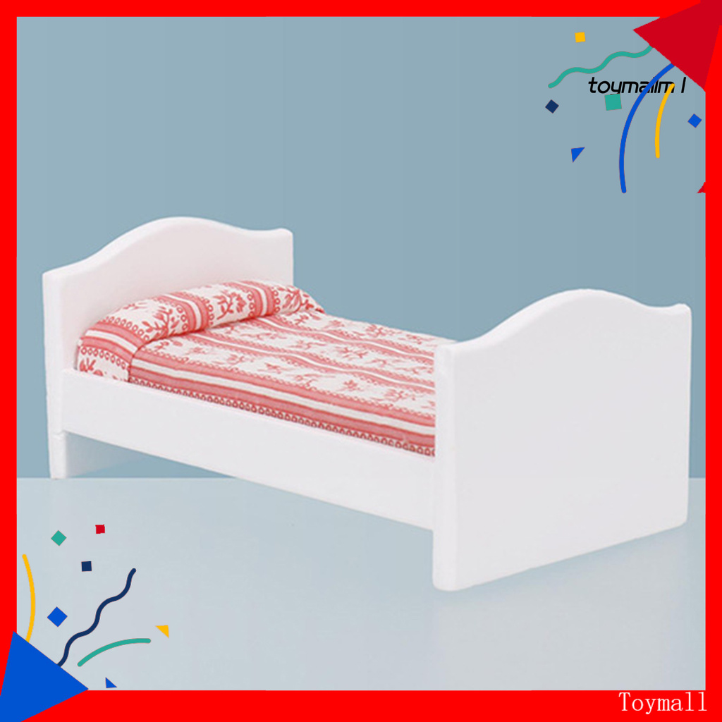 toymall 1/12 Mini Doll House Red Striped Children Small Bed Model Toy Furniture Decor