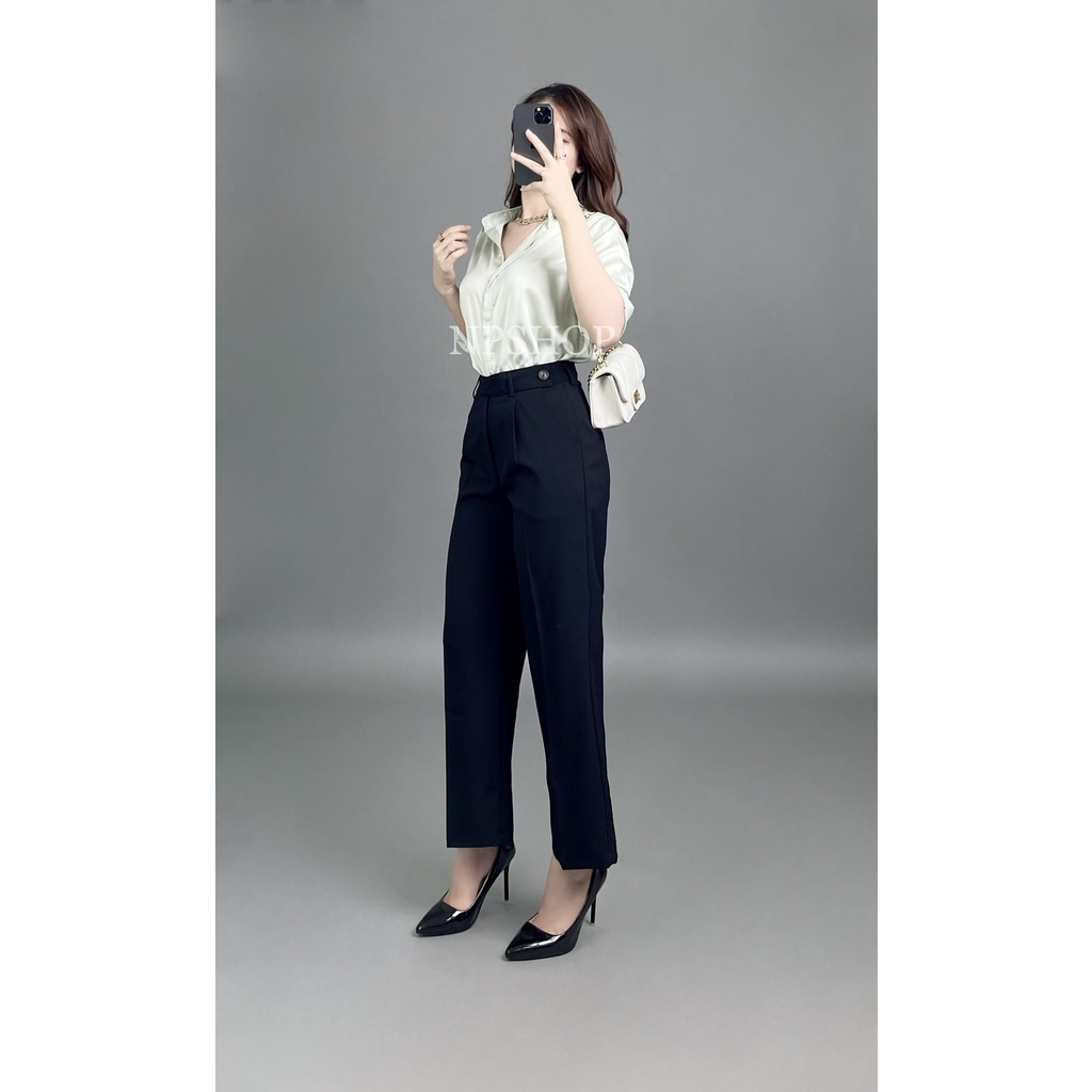 Quần tây nữ ống rộng lưng cao 2 nút màu xanh, đen NPQ050