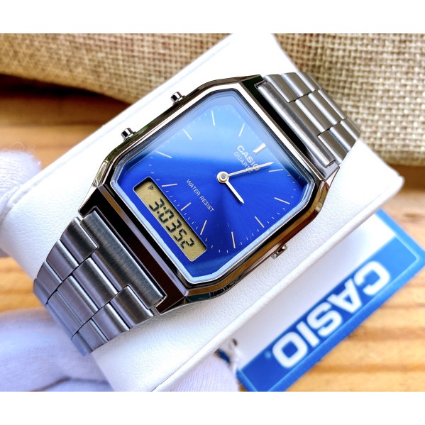 Đồng hồ Unisex Casio AQ-230GG-2ADF, đồng hồ chính hãng, dây xám, mặt xanh
