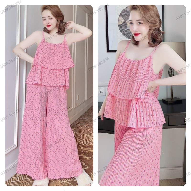 Đồ Bộ Nữ Trúc My 2 dây 2 tầng, vải lụa dập ly cao cấp, quần suông thoải mái
