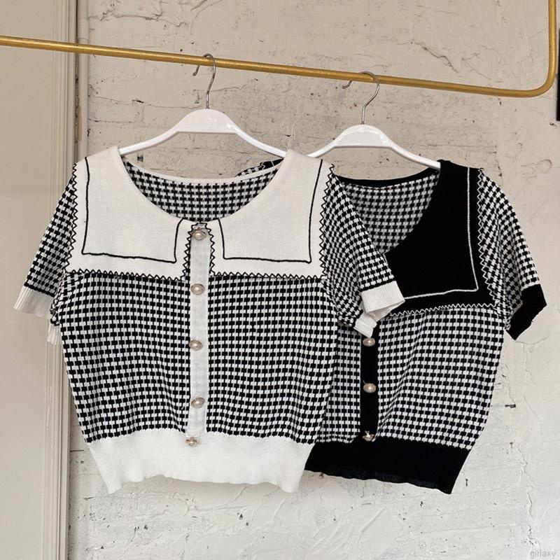 Áo Dệt Kim Tay Ngắn Cổ Thủy Thủ Kẻ Sọc Caro Trẻ Trung Thời Trang Phong Cách Hàn Quốc Cho Nữ