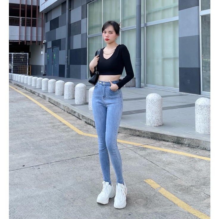 Quần Skinny 3 nút Lưng Siêu Cao YuRi Jeans Màu Xanh  Nhạt Đủ Size ( S M L)