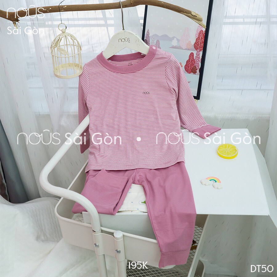 Bộ Nous cài vai dài chất petit kẻ trắng hồng đậm