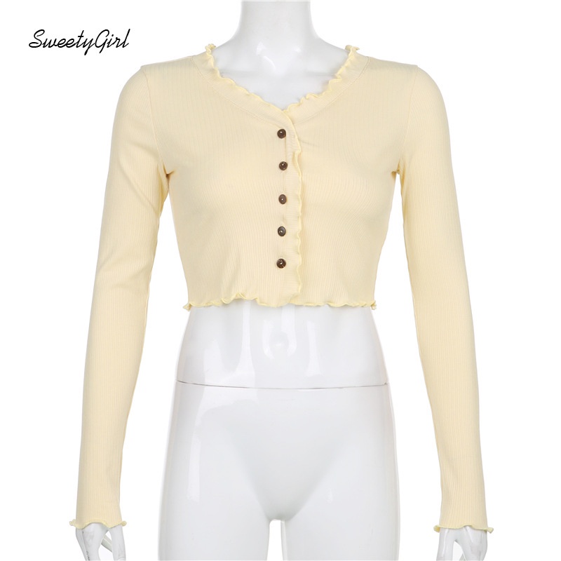 Áo Sơ Mi Tay Dài Cổ Chữ V Màu Trơn Viền Xòe Thời Trang Cho Nữ