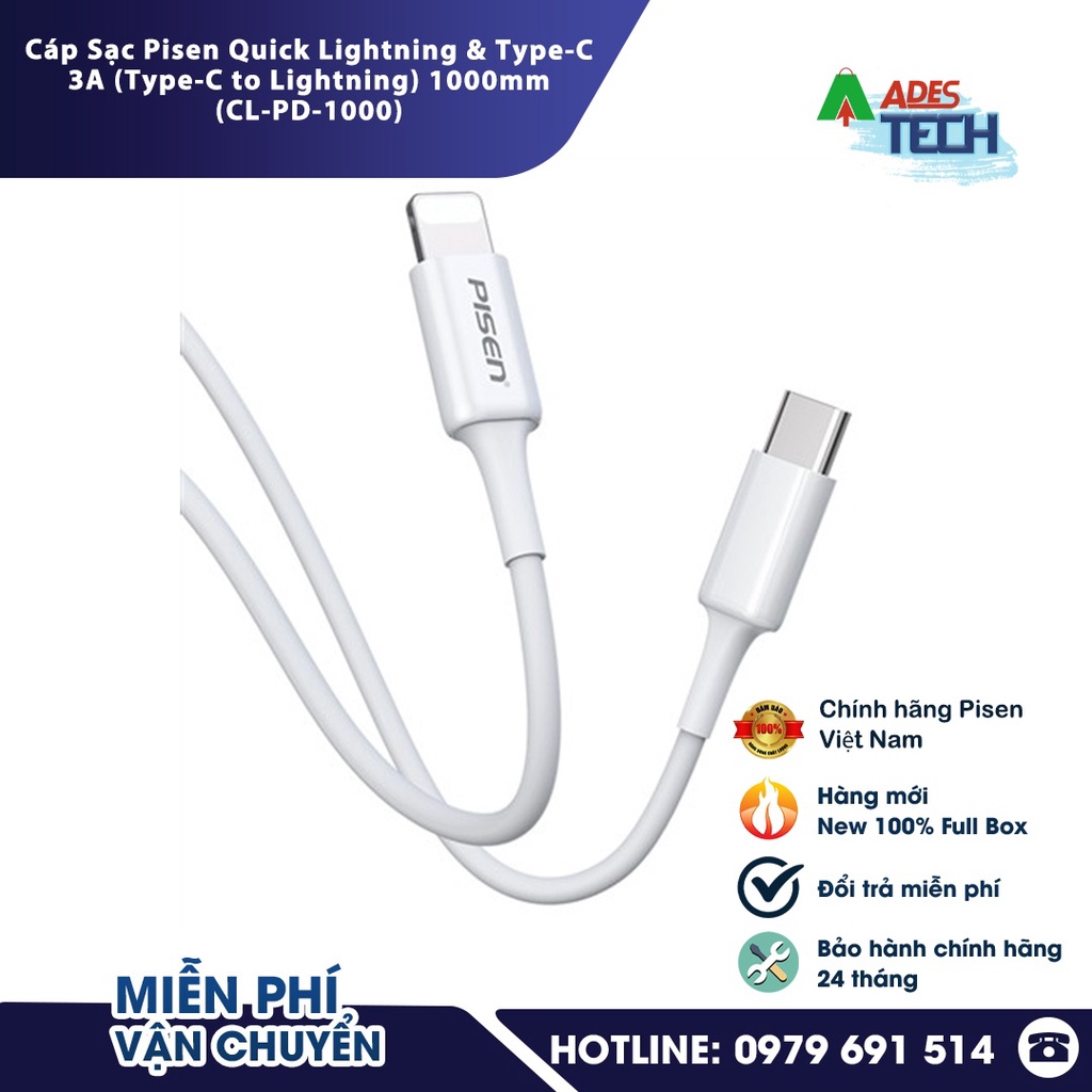 Cáp Sạc Pisen Quick Lightning & Type-C 3A (Type-C to Lightning) 1000mm (CL-PD-1000) - Bảo hành chính hãng