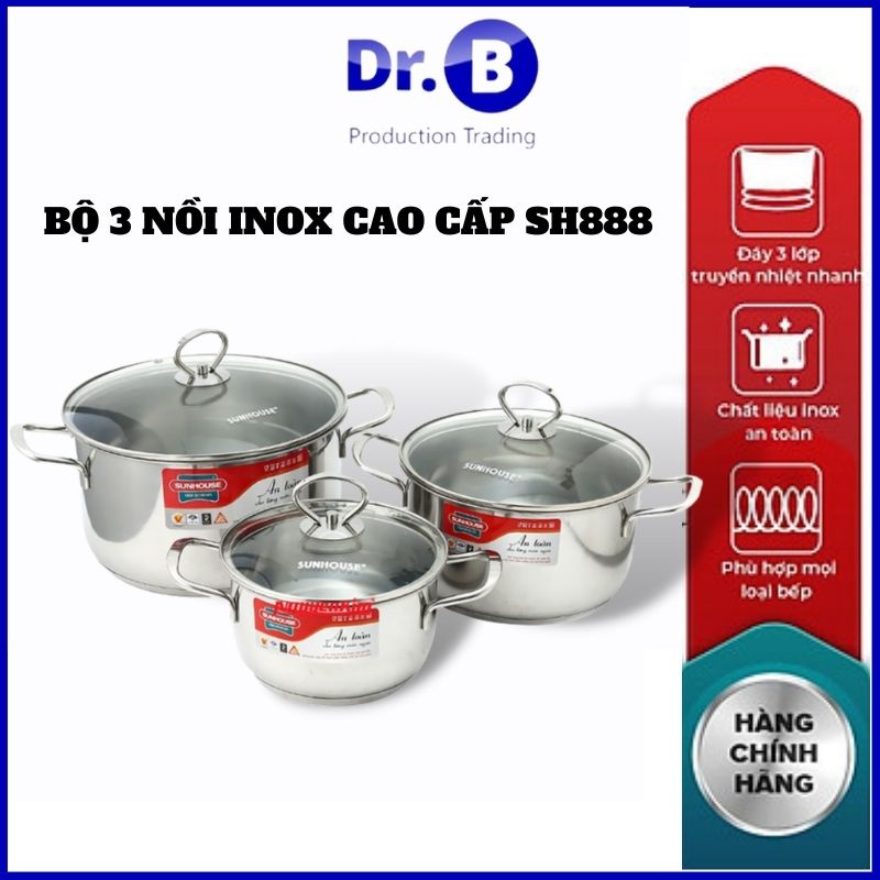 Bộ Nồi Inox 3 Đáy Sunhouse Sh888 Vung Kính Quai Đũa Cao Cấp Hàng Chính Hãng Giadungdrb