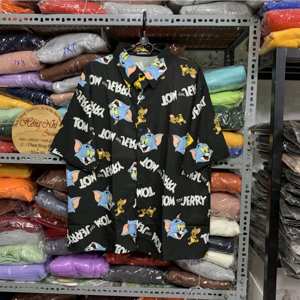 Áo Sơ Mi Hoạ Tiết Hoạt Hình Tom&amp;Jerry Tay Lỡ Dáng Rộng Ulzzang Unisex, Sơ Mi Đi Biển - MM