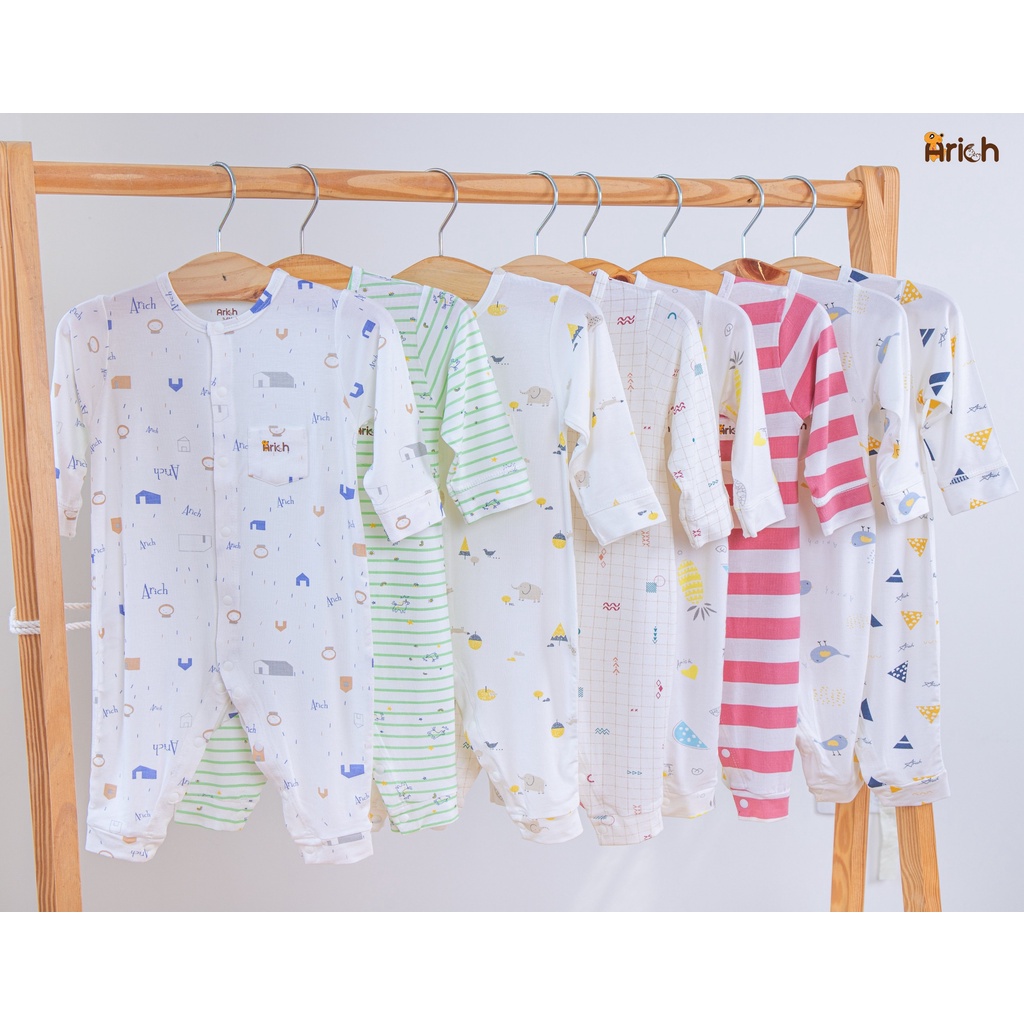 Bộ body dài tay họa tiết Arich vải sợi tre (size từ newborn đến 18 tháng)