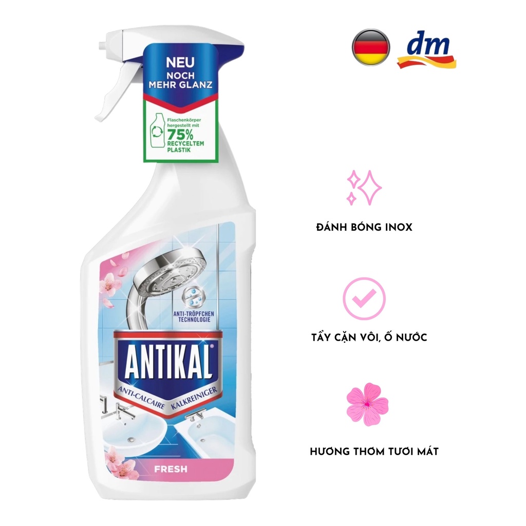 Antikal - Chai xịt dung dịch tẩy cặn bám trên inox trong nhà tắm Febreze hương hoa 700ml - hàng nhập khẩu Đức