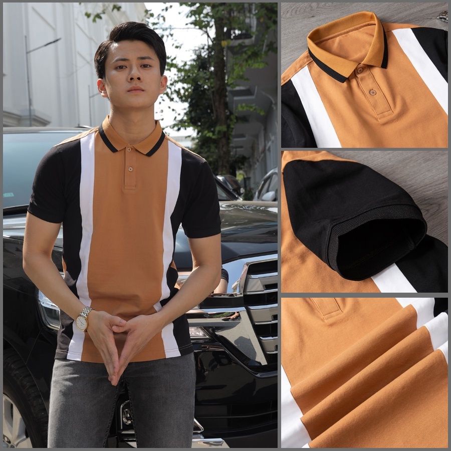 Áo thun Polo nam Nâu tay Màu cổ bẻ eMOTiON, Áo phông vải Cotton phối màu trẻ trung