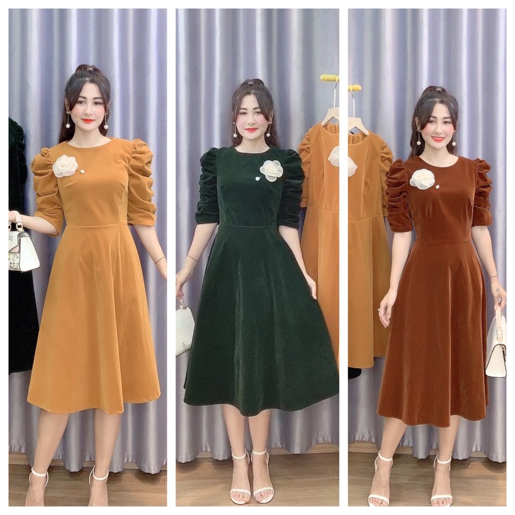 Váy Nhung Tuyết Hàn Cao Cấp Kèm Hoa Cài, 5 Gam Màu Cực Đẹp Kandy V5