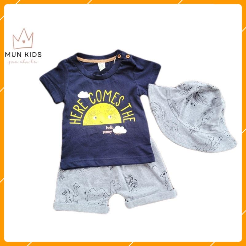 Set bộ đồ 3 món kèm mũ, bộ đồ cotton hình mặt trời xanh ghi H.M cho bé trai- size từ 10-22kg