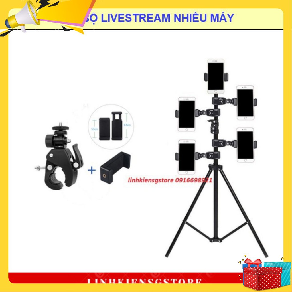 SALE  Bộ giá đỡ kẹp điện thoại gắn vào Tripod hỗ trợ livestream,live quay phim nhiều máy cùng lúc VIDEO Sản Phẩm