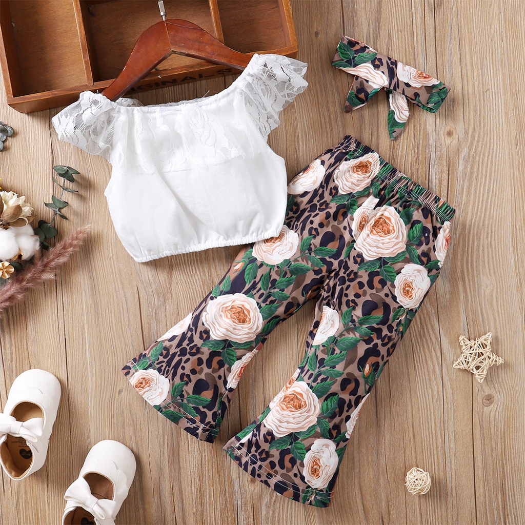 Bộ 3 món Mikrdoo gồm áo ren + quần in hoa + băng đô thời trang mùa hè dành cho bé gái