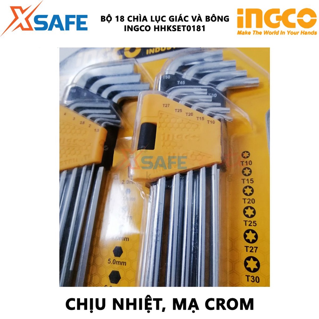 Bộ 18 chìa lục giác đầu bằng và bông INGCO HHKSET0181 chất liệu thép CR-V cứng cáp, độ bền cao - Chính hãng [XSAFE]