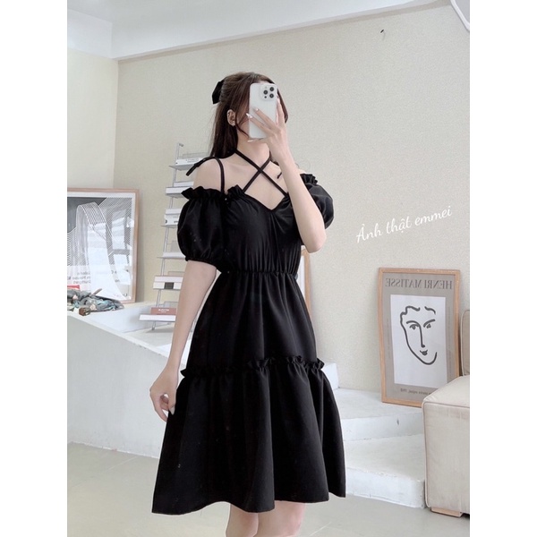 Đầm 2 dây, váy babydoll angel đen buộc nơ trễ vai Emmei v82 | BigBuy360 - bigbuy360.vn