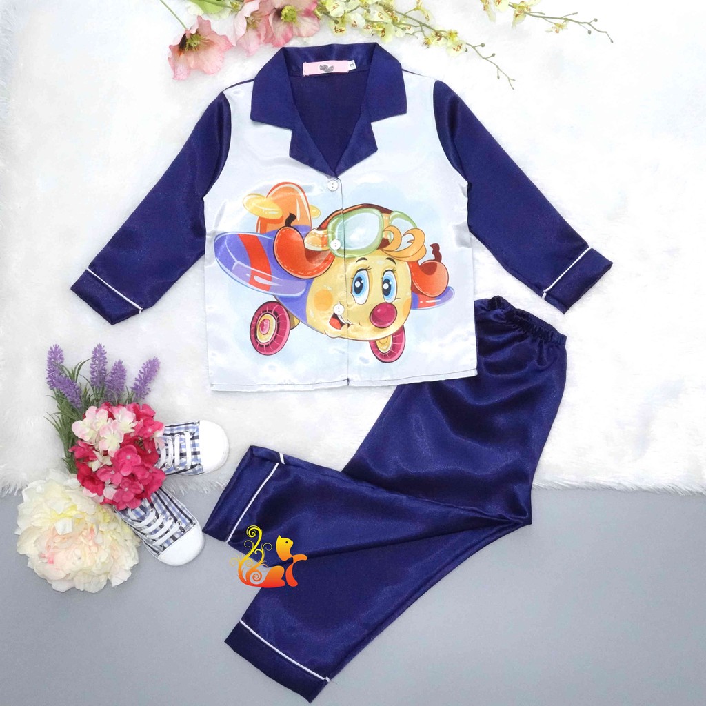 Bộ Đồ Pijama Phi Lụa "Hình Máy Bay" Tay Dài Cho Bé - Từ 12kg - 42kg.