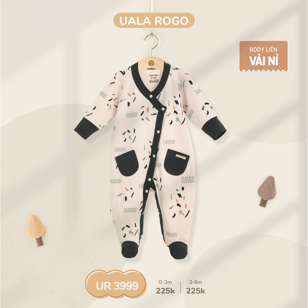 Bộ Body nẹp chéo UalaRogo liền tất cho bé trai/ bé gái 0-6 tháng chất liệu nỉ cotton