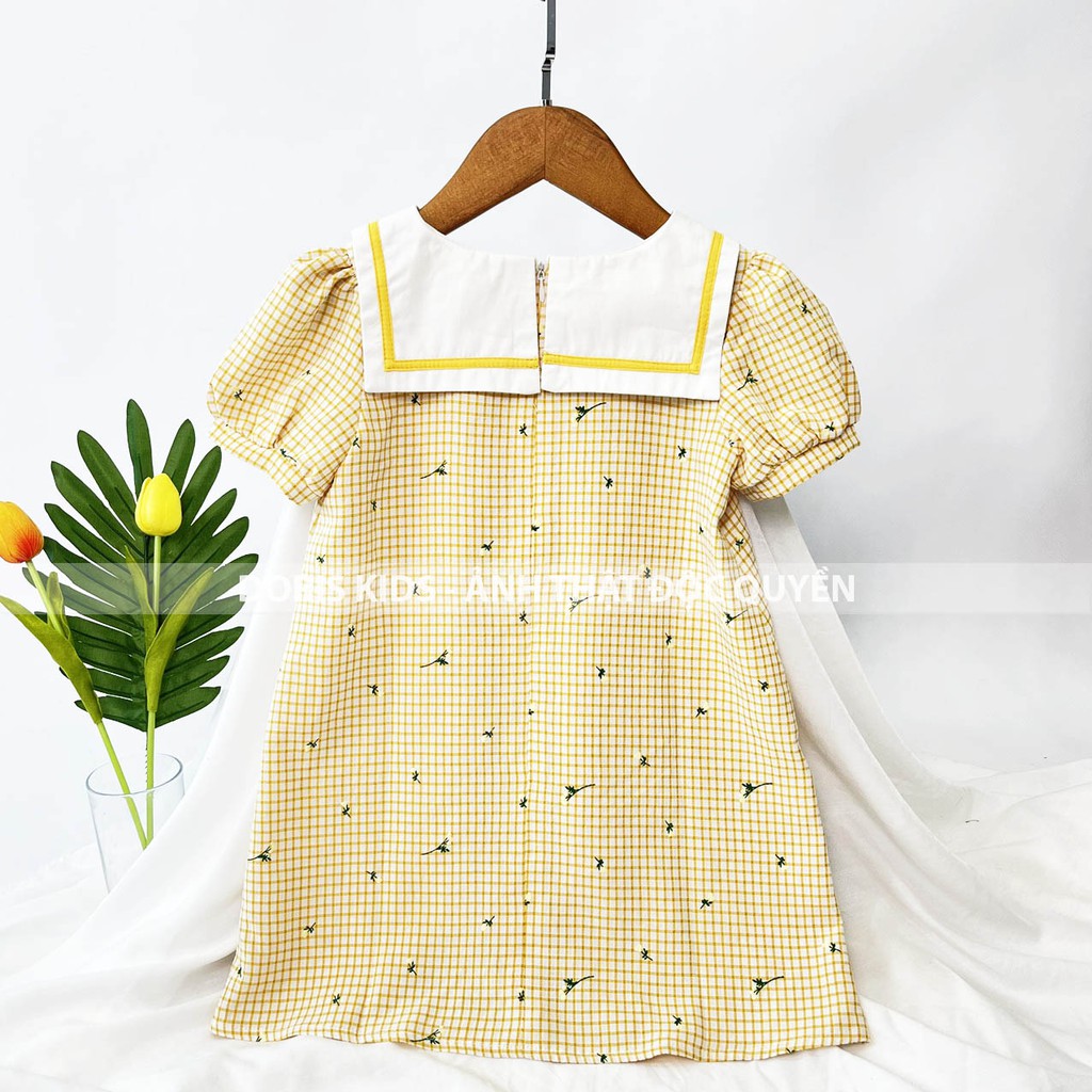 Váy Bé Gái Vải Kẻ Thêu Hoa Cao Cấp Phối Cổ Thủy Thủ Doris Kids