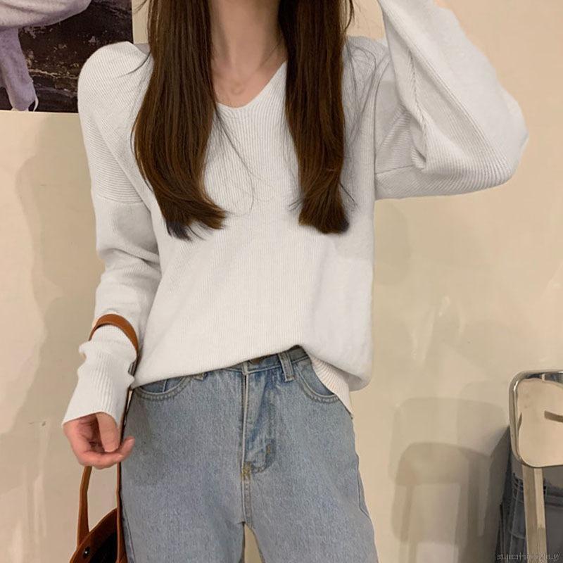 Áo sweater chui đầu tay dài cổ chữ V màu trơn thời trang mùa thu thanh lịch cho nữ